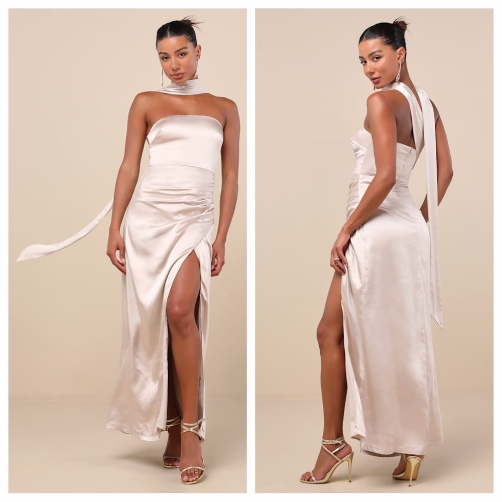 Lulu's Maritza Champagne Satin Sash Tulip Maxi Dress